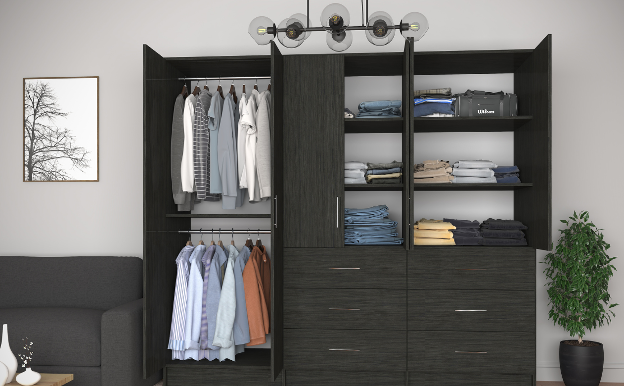 Dark wood, stand alone wardrobe with drawers and shelves