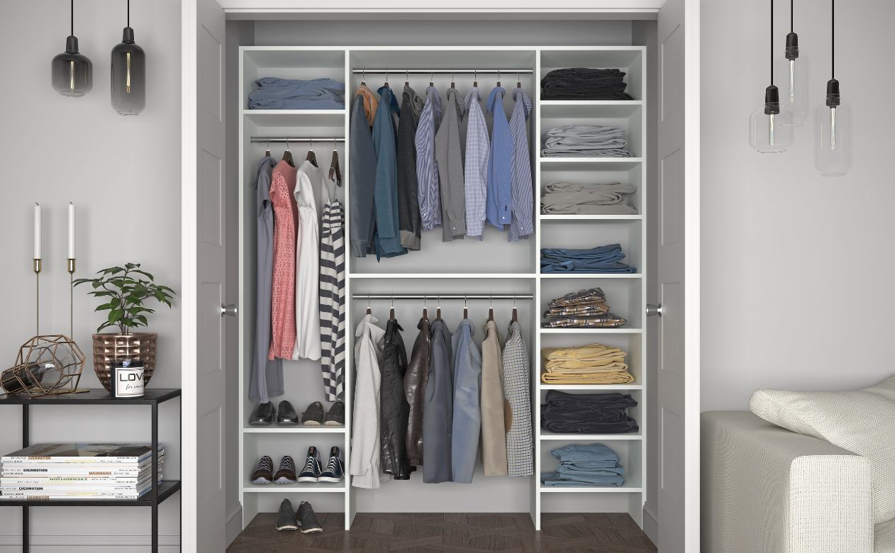 White reach-in closet storage shelves