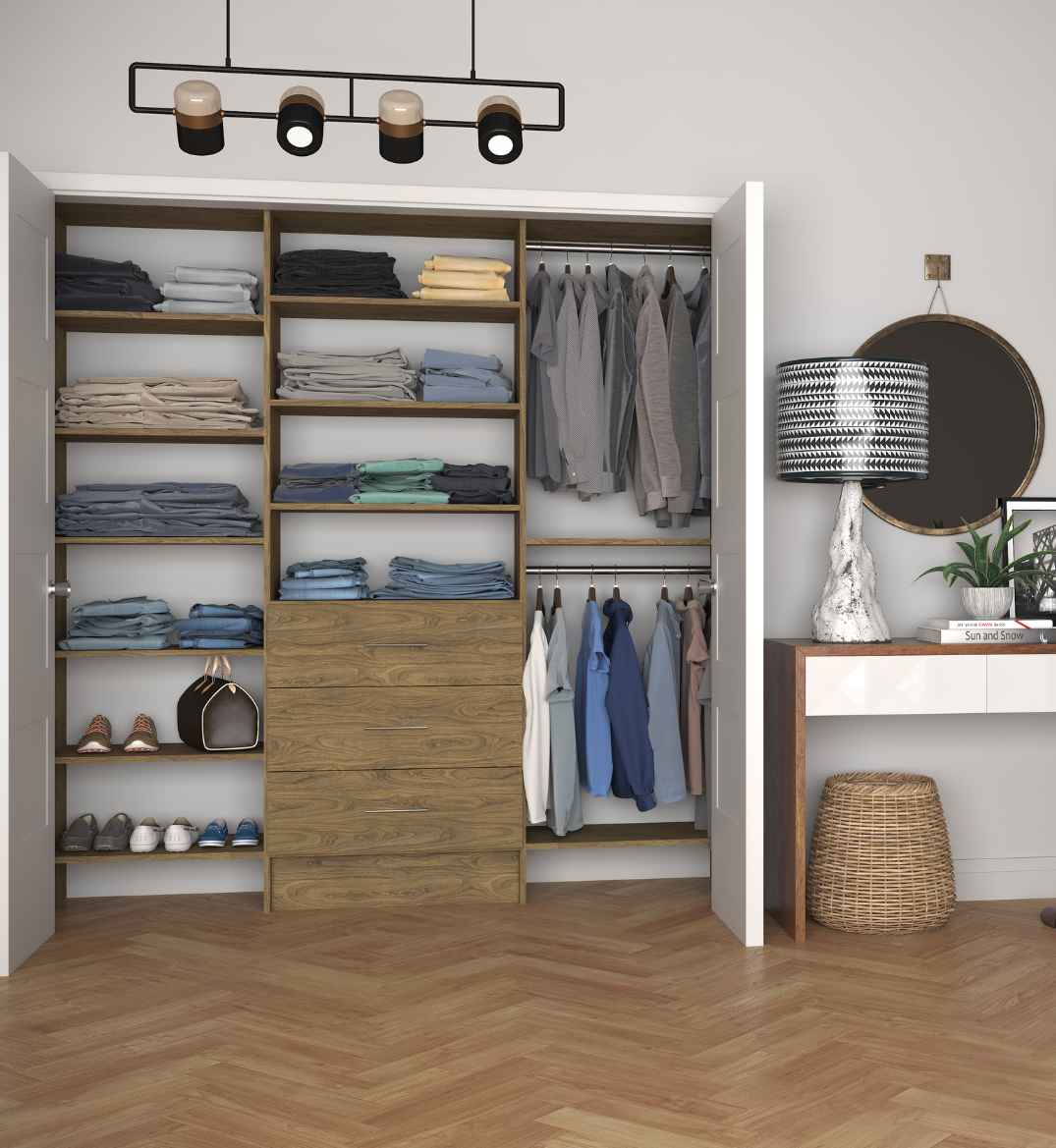Reach in closet with wooden shelves