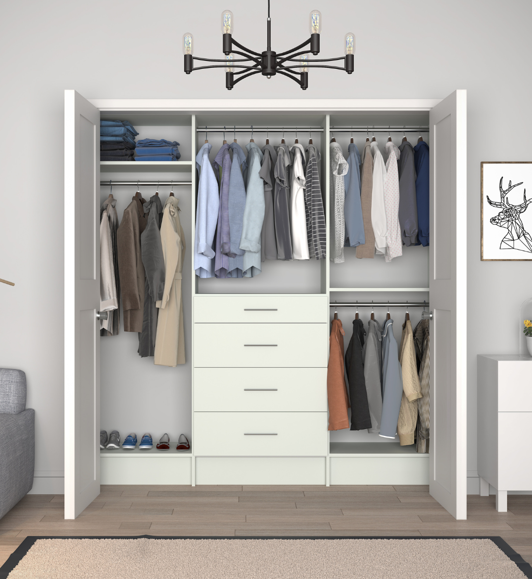 White wooden in a reach in closet with modern light fixture