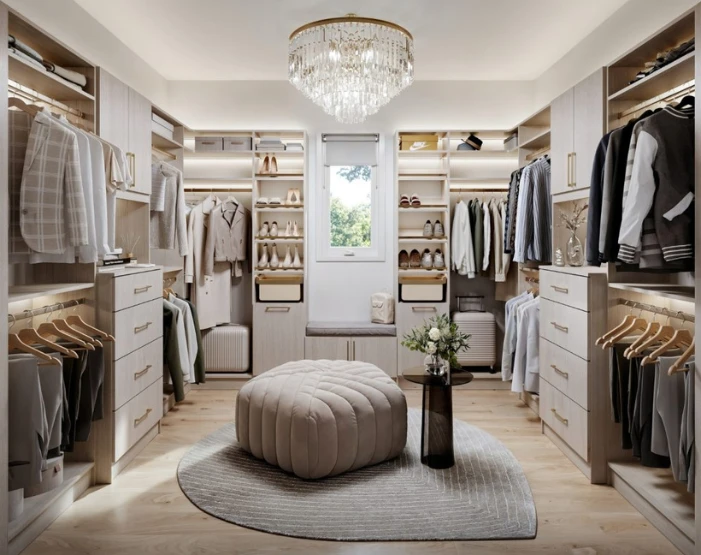 luxurious, neutral walk-in closet with chandelier