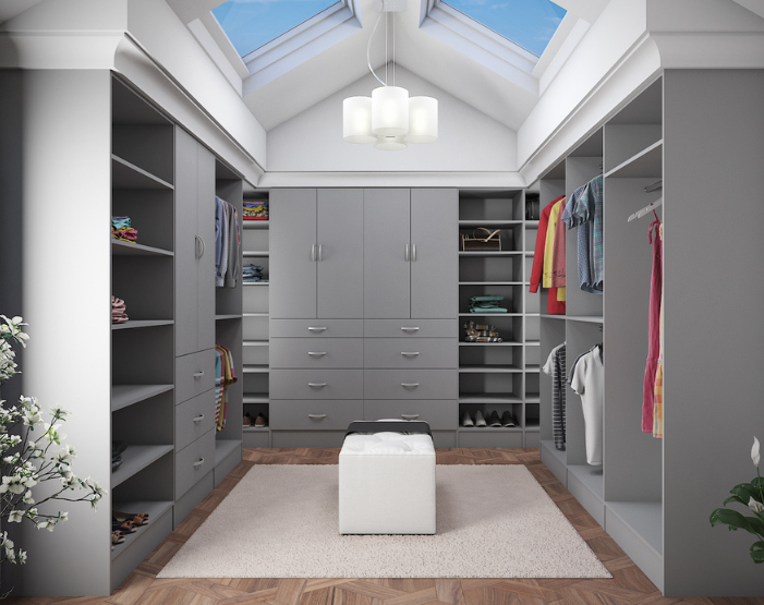 Gray walk-in closet with skylight in the ceiling